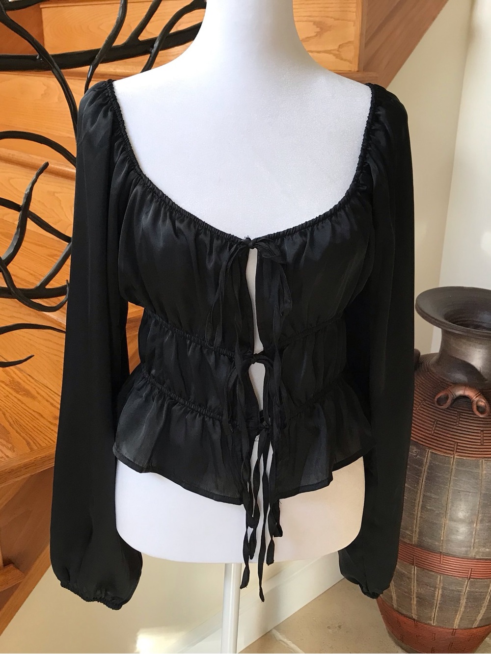 Forever 21 Black Tie-Front Peasant Blouse